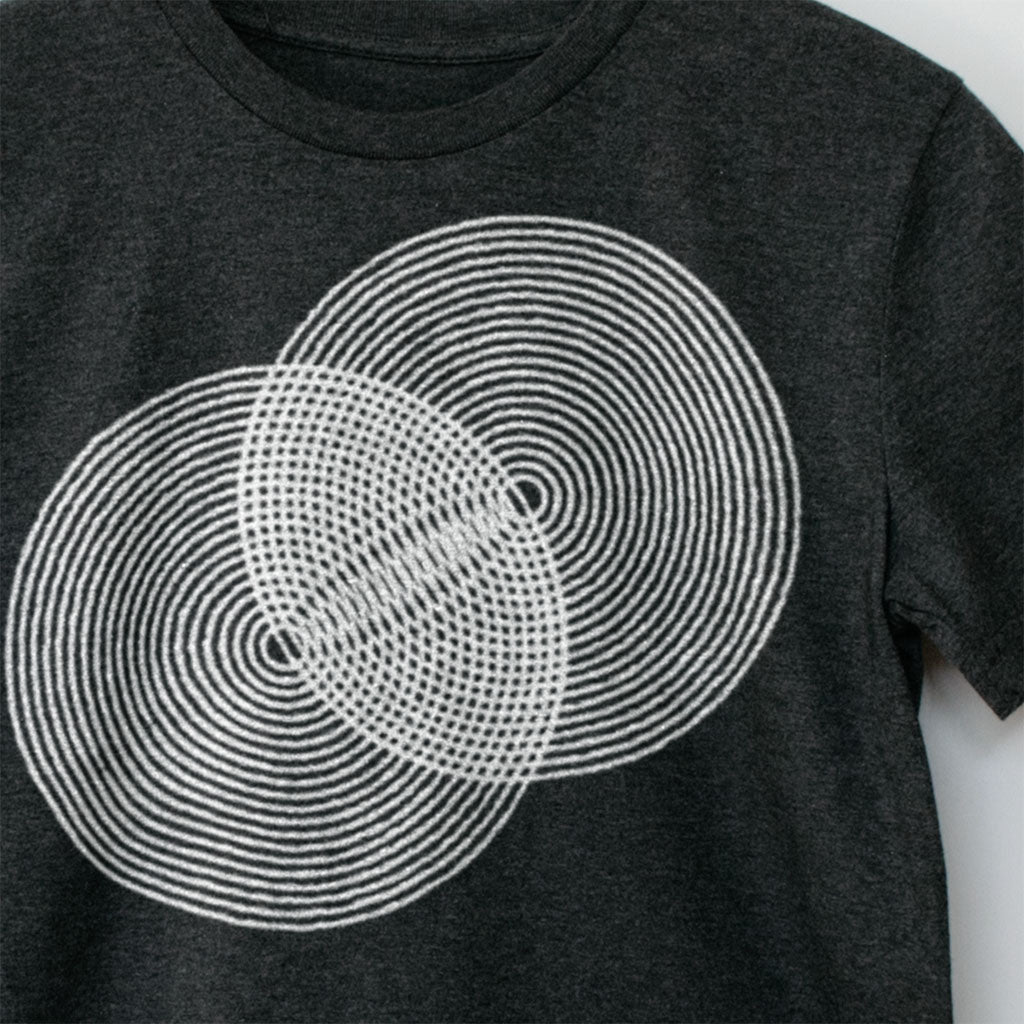 Close up detail image of printed design. Additive Waves Black Techno T-Shirt. Modular Synth and Eurorack T-Shirt Electronic Music Festival T-Shirt