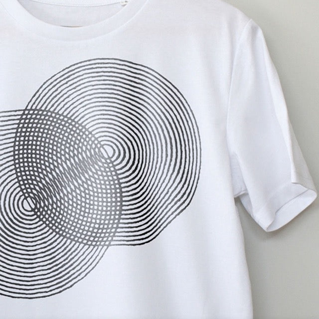 Close up detail image of printed design. Additive Waves Black T-Shirt. Modular Synth and Eurorack Synth T-Shirt Electronic Music Festival T-Shirt