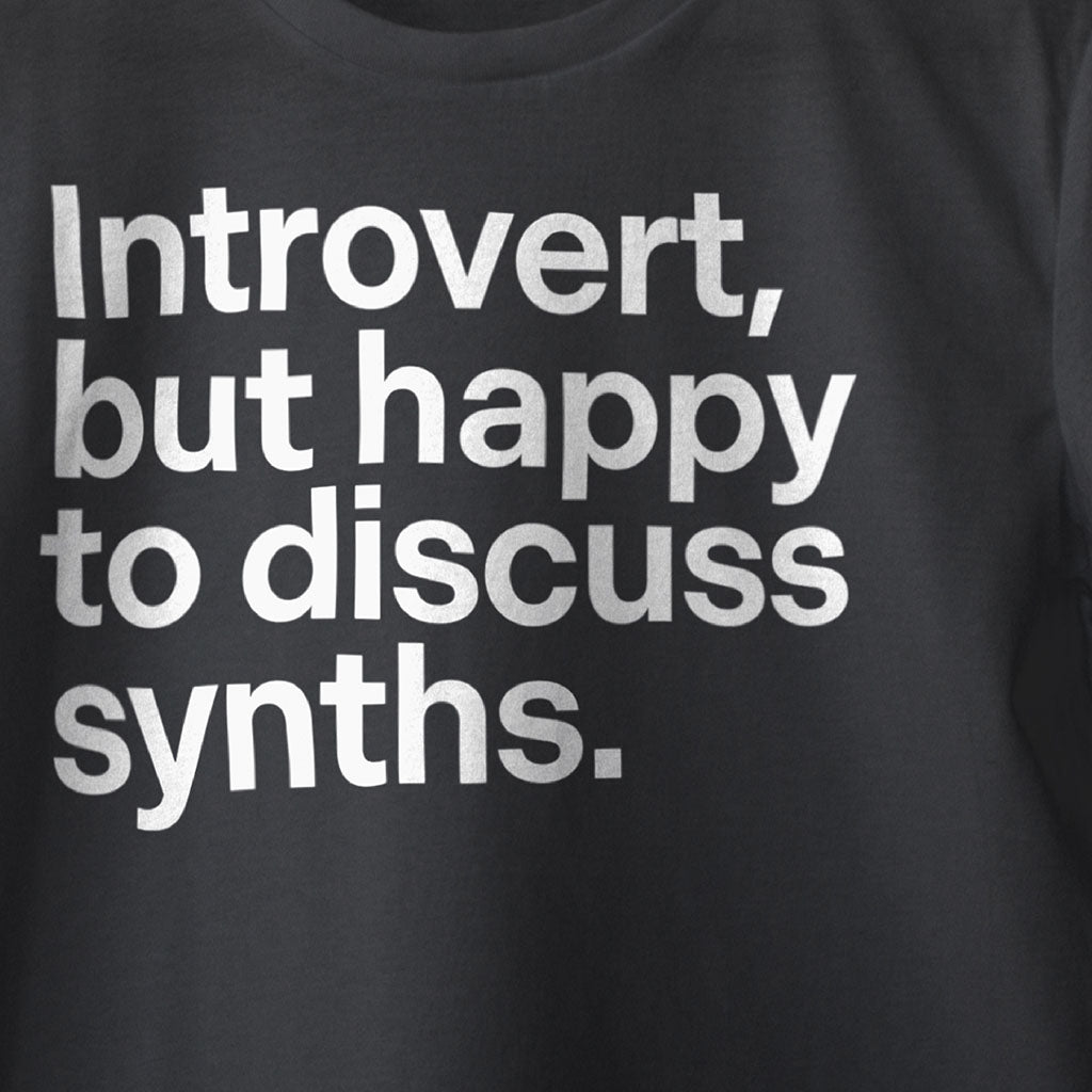 Introvert funny slogan t-shirt. Close up image detail. Contemporary Eurorack Synth T-Shirt for Electronic Music Festival T-Shirt – Vegan T-Shirt – PETA Approved and 100% organic cotton